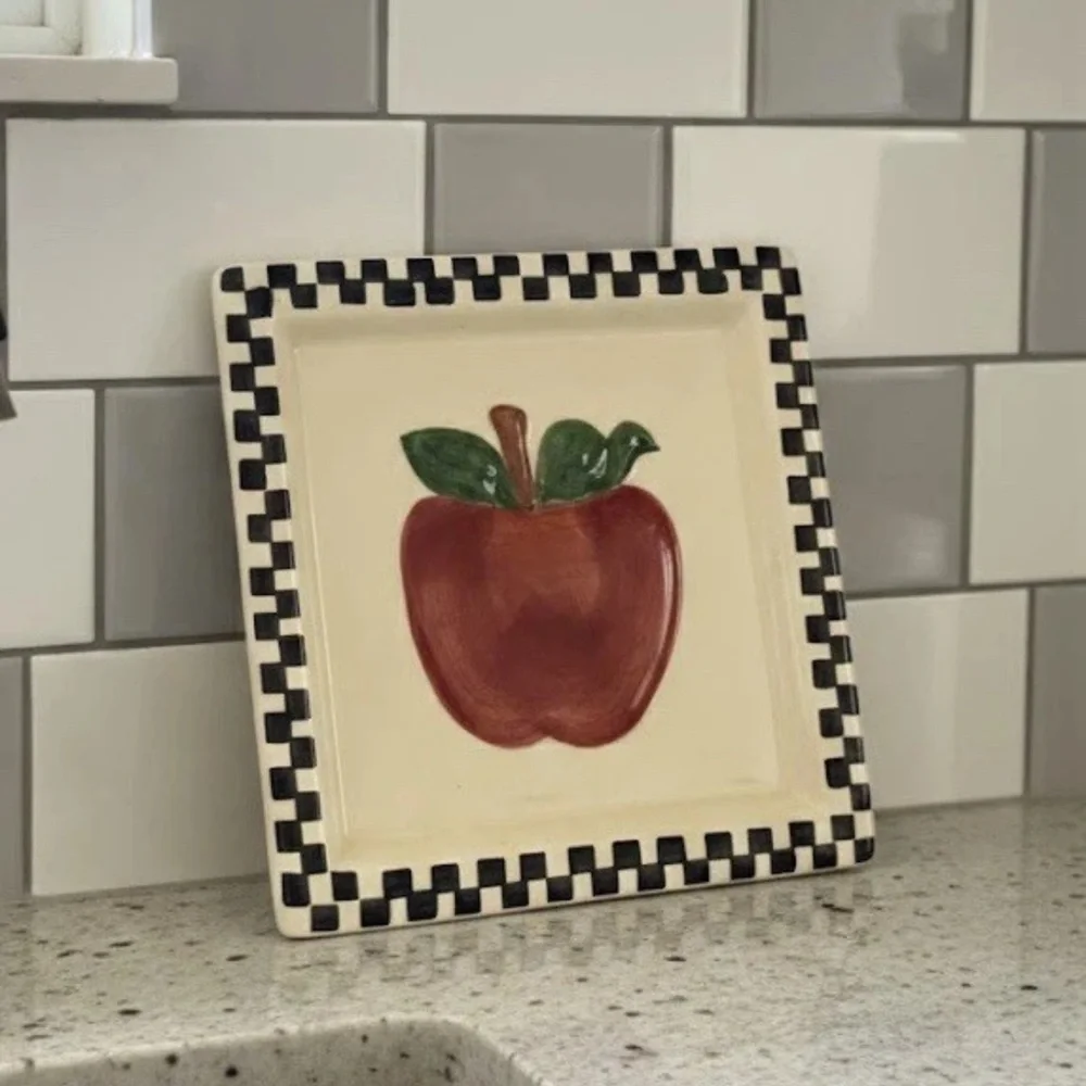 VTG Cottagecore Painted Apple Sakura China‎ Co Ceramic Square Trivet Checkered